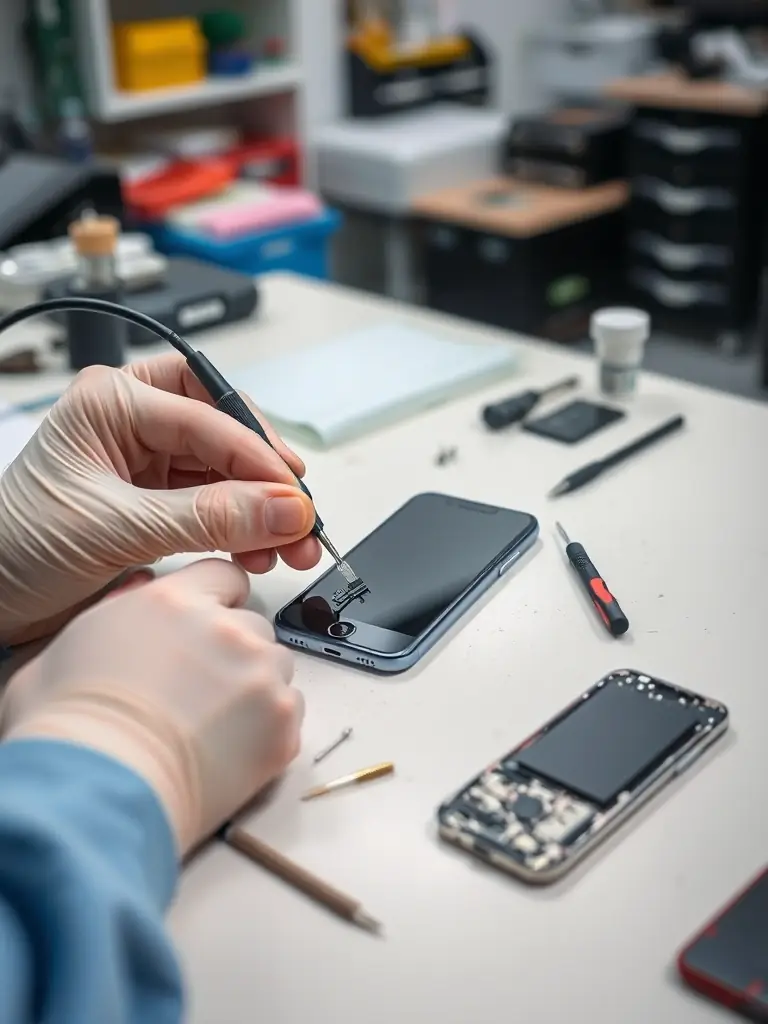 A detailed image of a technician repairing the charging port of a smartphone, highlighting the intricate work involved in fixing hardware issues.