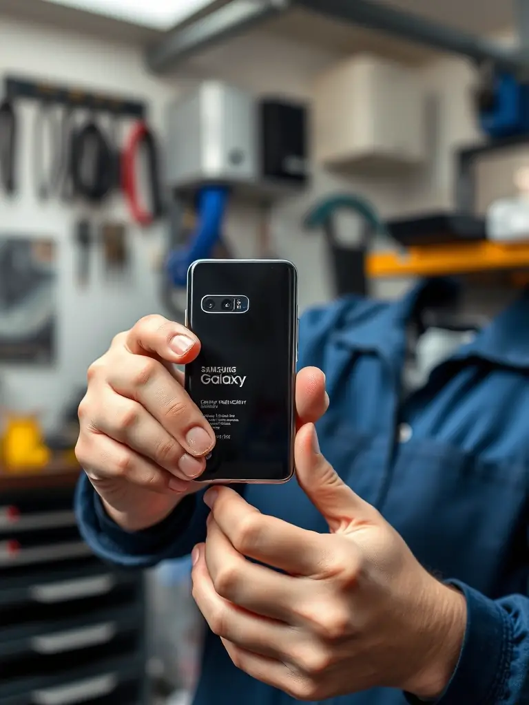A skilled technician carefully replacing a Samsung Galaxy battery, emphasizing the importance of using genuine parts for optimal performance.