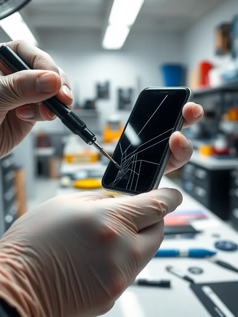 A close-up shot of a technician expertly replacing a cracked iPhone screen in a well-lit repair shop, showcasing precision and care.