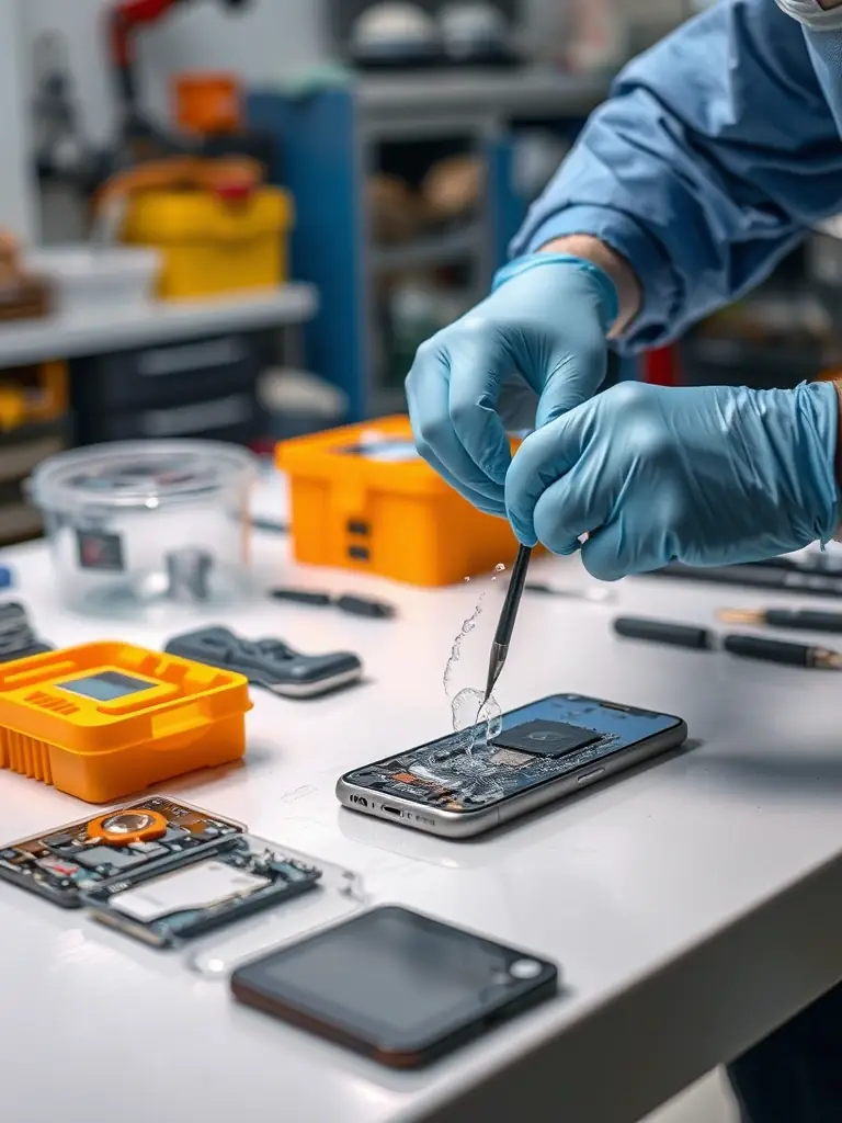 A photo showcasing water damaged phone being carefully disassembled and dried by a technician, emphasizing the urgency and expertise required.