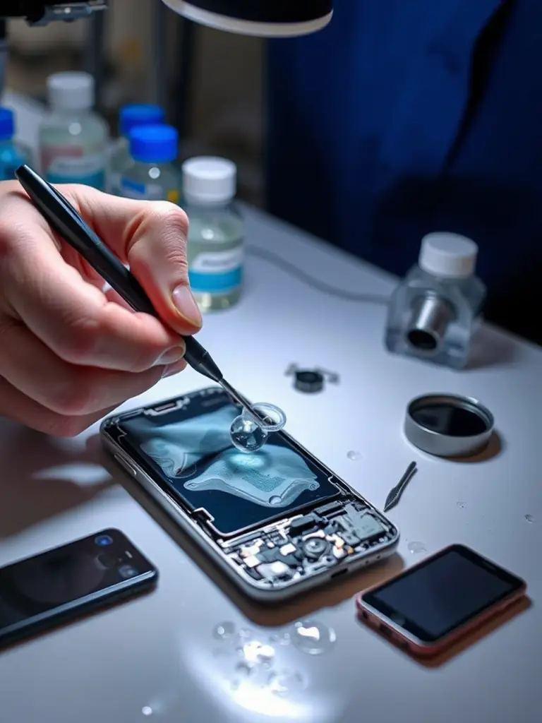An image showcasing water damaged phone being carefully disassembled and cleaned, emphasizing the delicate process of water damage restoration.
