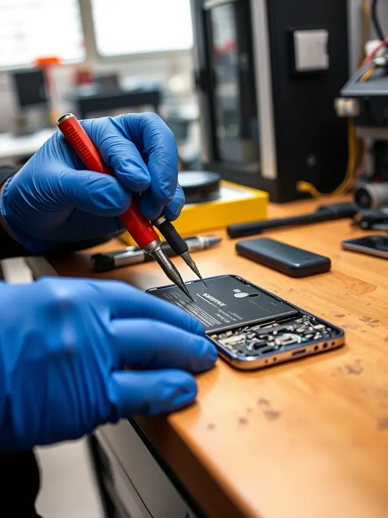 A skilled technician carefully replacing a Samsung Galaxy battery, emphasizing safety and expertise.
