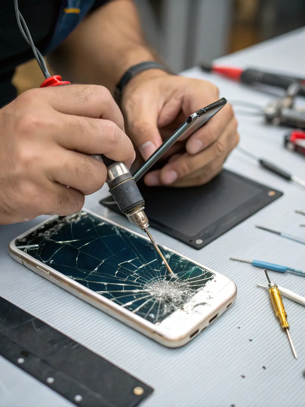 A close-up shot of a technician expertly replacing a cracked iPhone screen in a well-lit repair shop, showcasing precision and care.